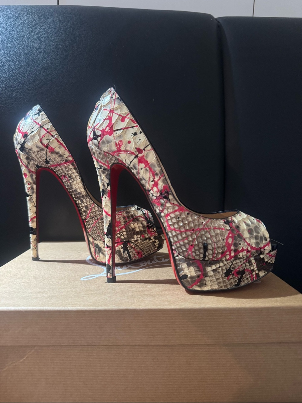 Christian Louboutin Nude Snake-Print Peep-Toe Platform Pumps with Pink Accents